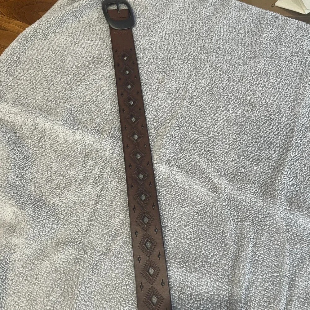 Fossil Brown Leather Laser Diamond‎ Cut Belt Cowboy Boho Large Hippie Unisex